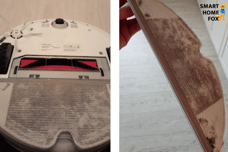 Снизу робота-пылесоса видна грязная салфетка.